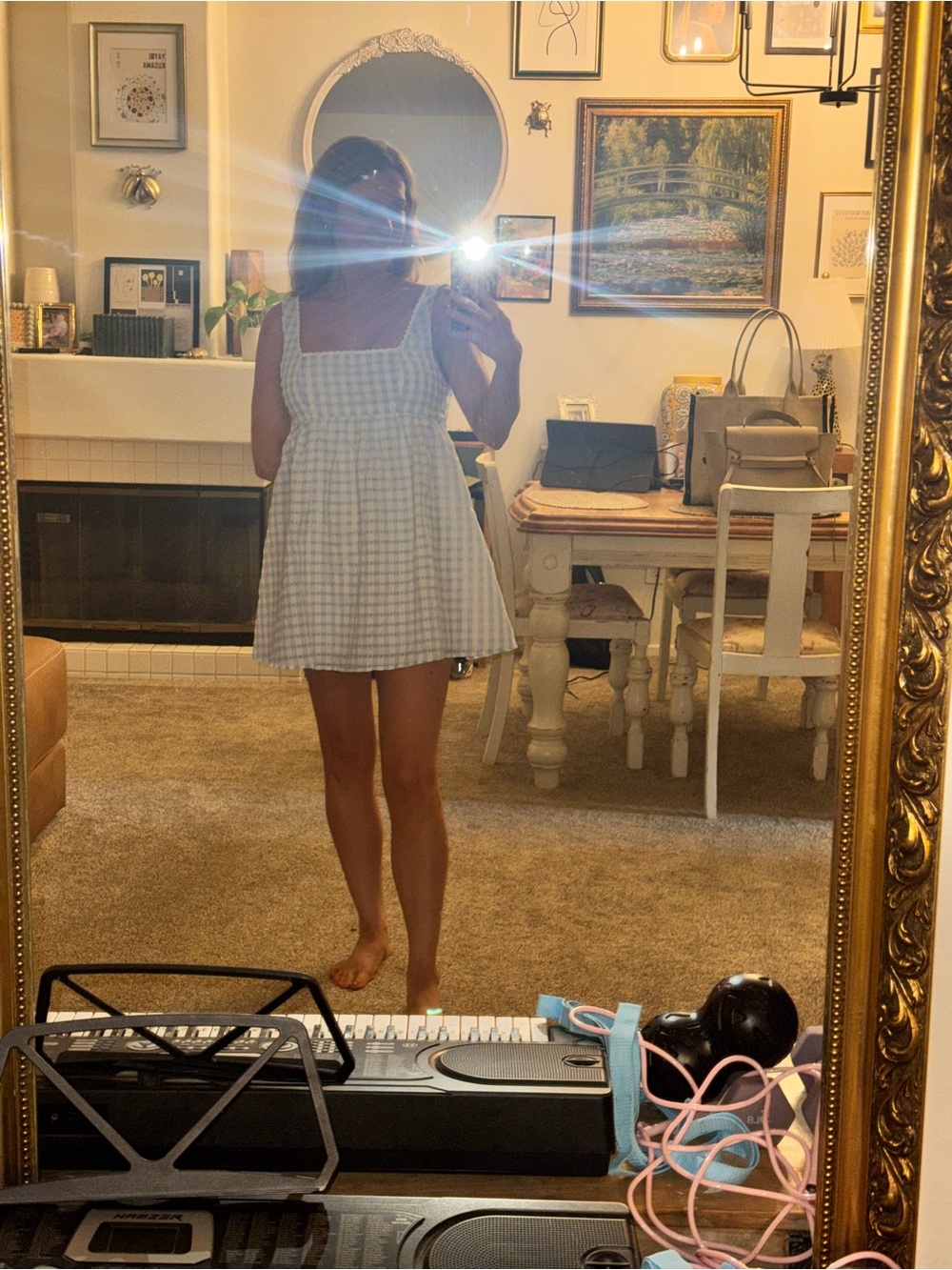Trixxi White and Light Blue Gingham Square-Neck Mini Skirt